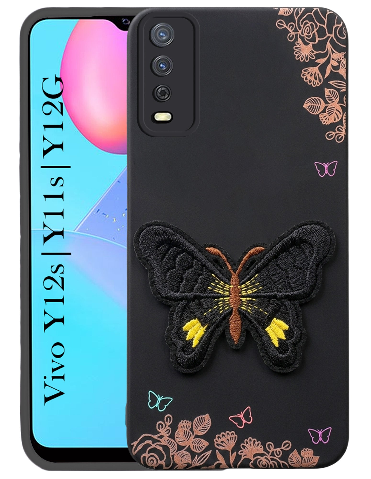 For Vivo Y12s | Y11s | Y12G Back Cover Case (Soft Butterfly Embroidery | Women Teen Girls | Camera Protection| Matte Silicone)