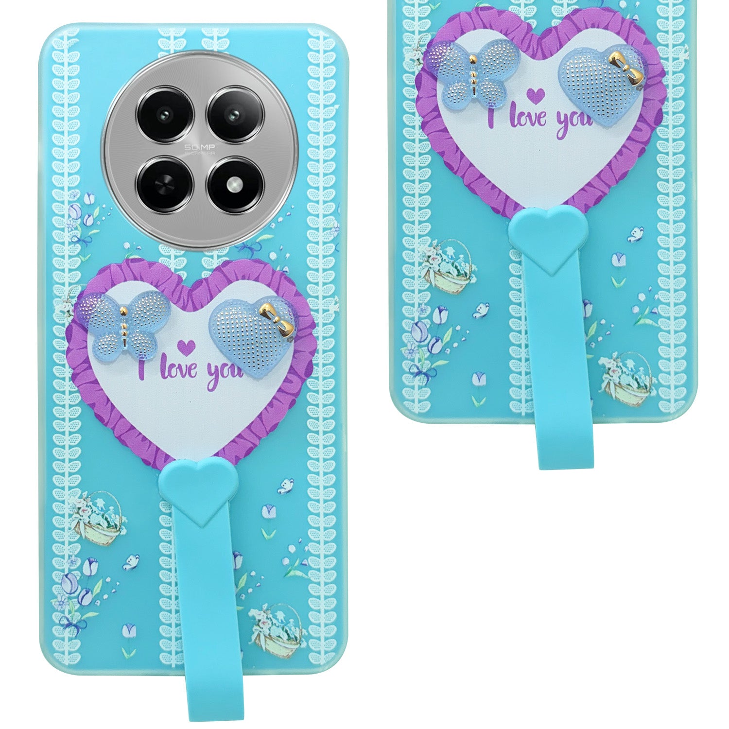 For Realme Narzo 70x 5G Back Cover Case (3D Cute Heart Strap Holder | Camera Protection | Designer Girls Print)