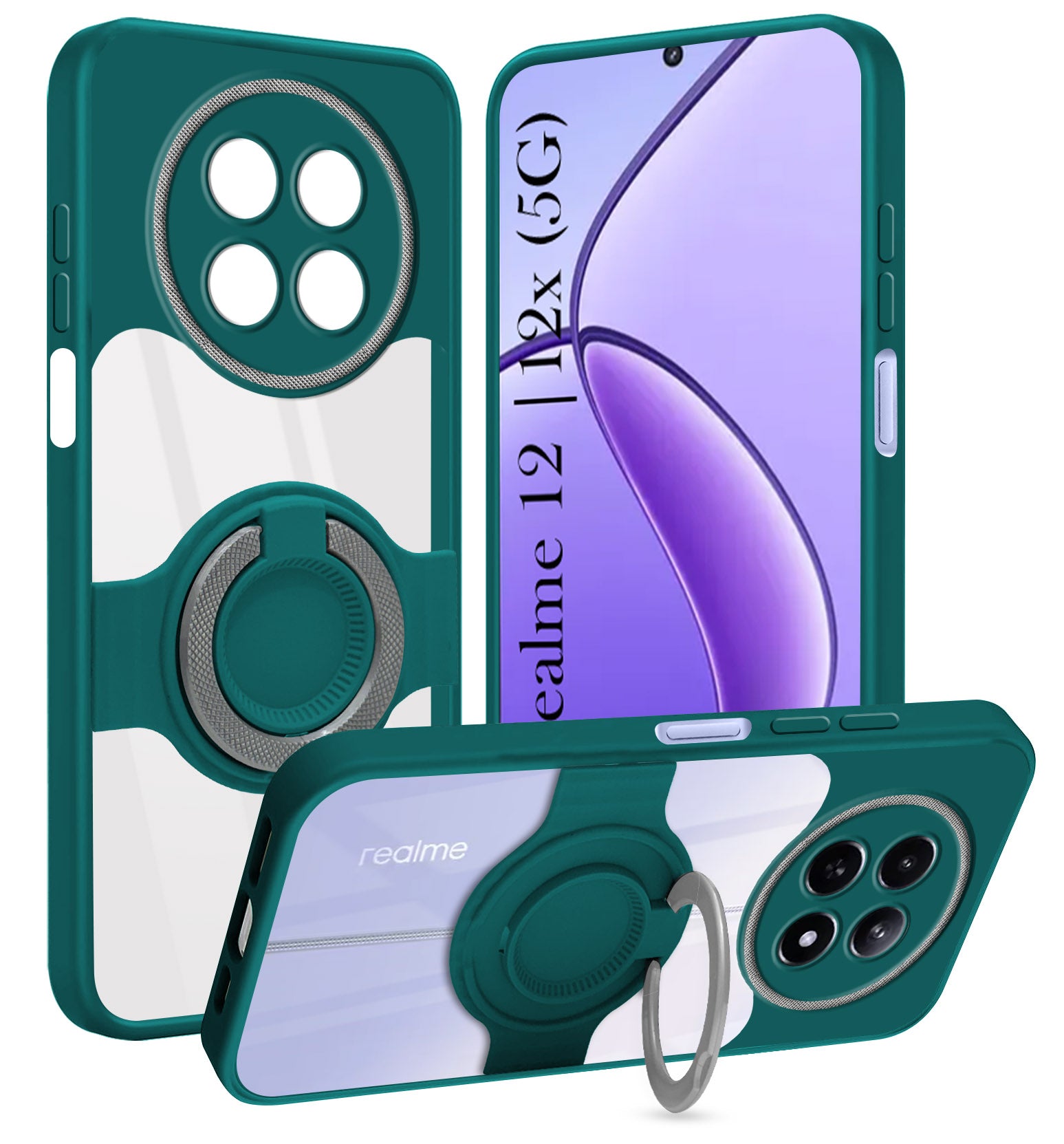 For Realme 12 | Realme 12X Back Cover Case with stand (Built-in Ring Holder Kickstand | Lifetime Anti Yellow | Camera Protection)