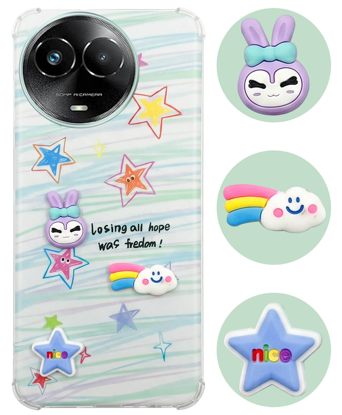 For Realme Narzo 60x Back Cover Case (3D Cute Cartoons | Hard Back Side Soft | Matte Premium Finish | HD Printing)