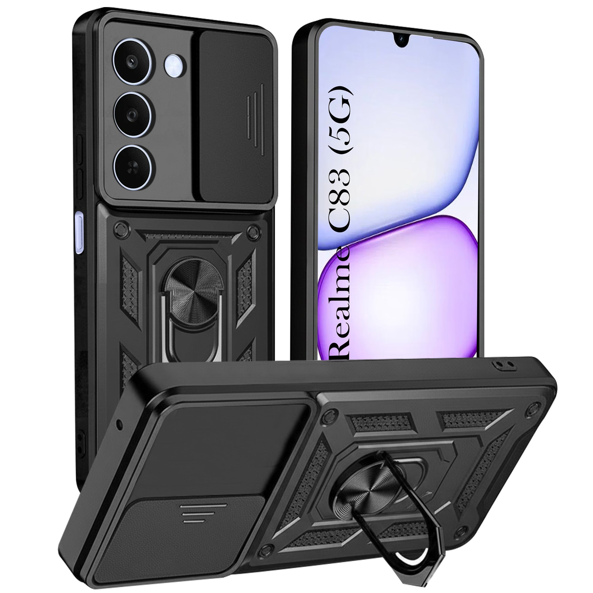 For Realme C83 5G Back Cover Case Hybrid Armor (Sliding Shutter Camera Protection | Polycarbonate |Ring Holder Kickstand)
