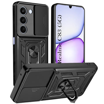 For Realme C83 5G Back Cover Case Hybrid Armor (Sliding Shutter Camera Protection | Polycarbonate |Ring Holder Kickstand)