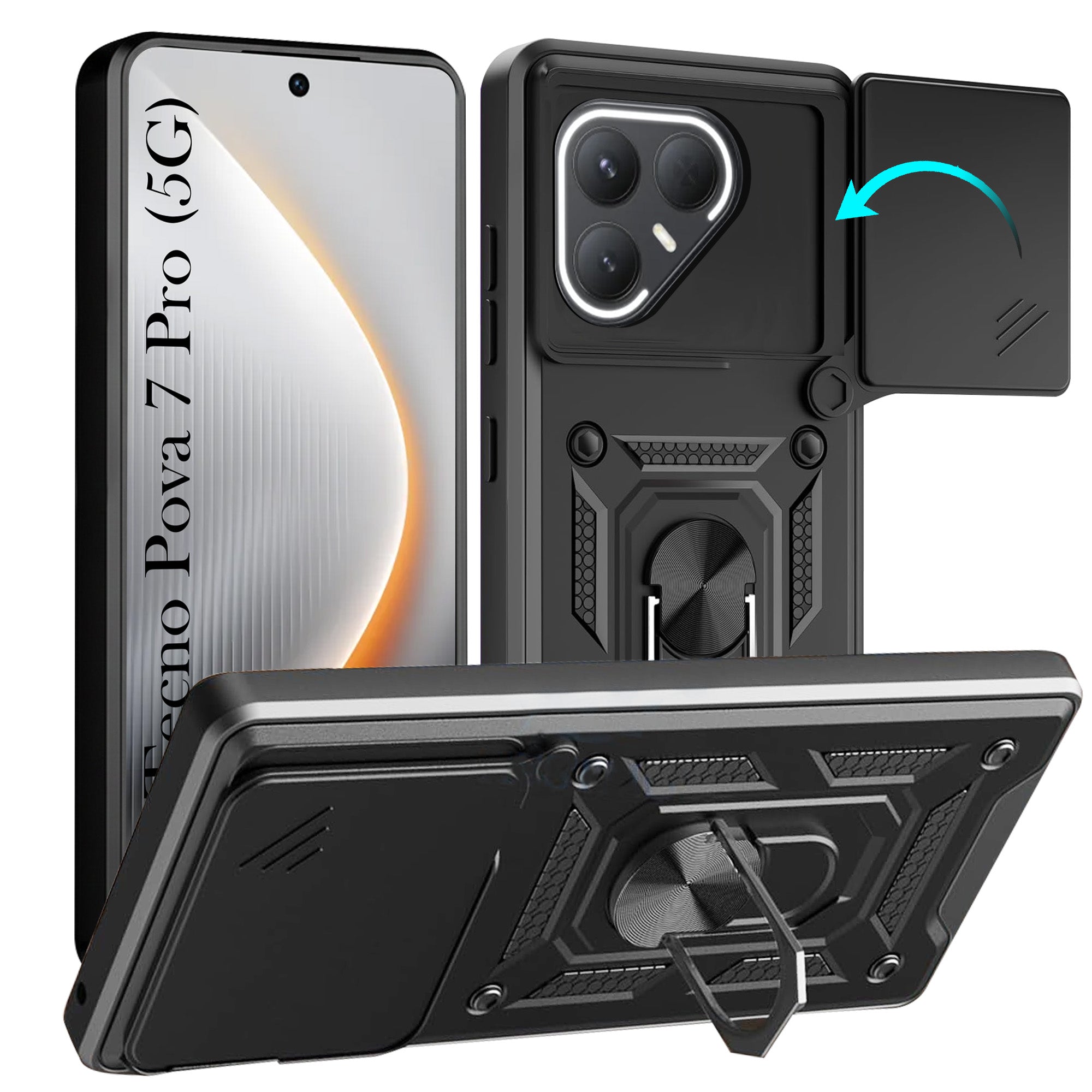 For Tecno Pova 7 Pro 5G Back Cover Case Hybrid Armor (Sliding Shutter Camera Protection | Polycarbonate |Ring Holder Kickstand)