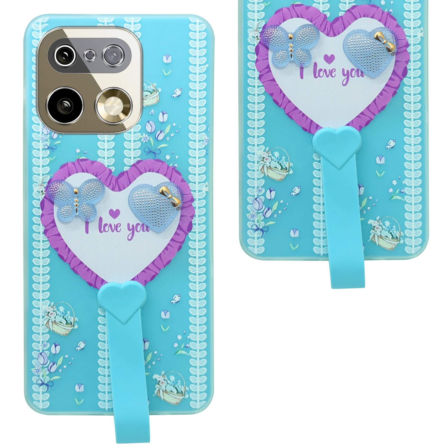 For Realme 16 Pro Plus 5G Back Cover Case (3D Cute Heart Strap Holder | Camera Protection | Designer Girls Print)