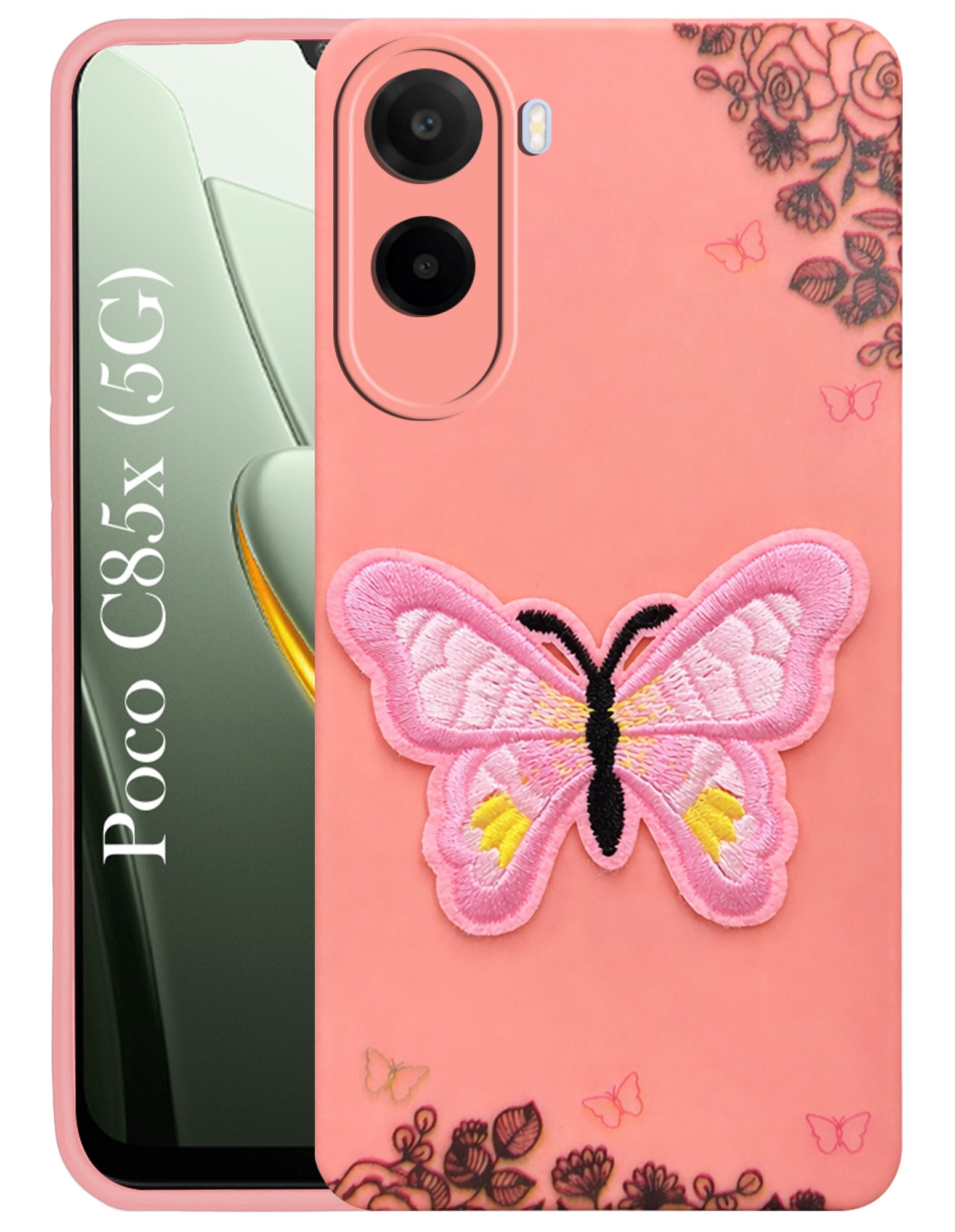 For Poco C85x 5G Back Cover Case (Soft Butterfly Embroidery | Women Teen Girls | Camera Protection| Matte Silicone)