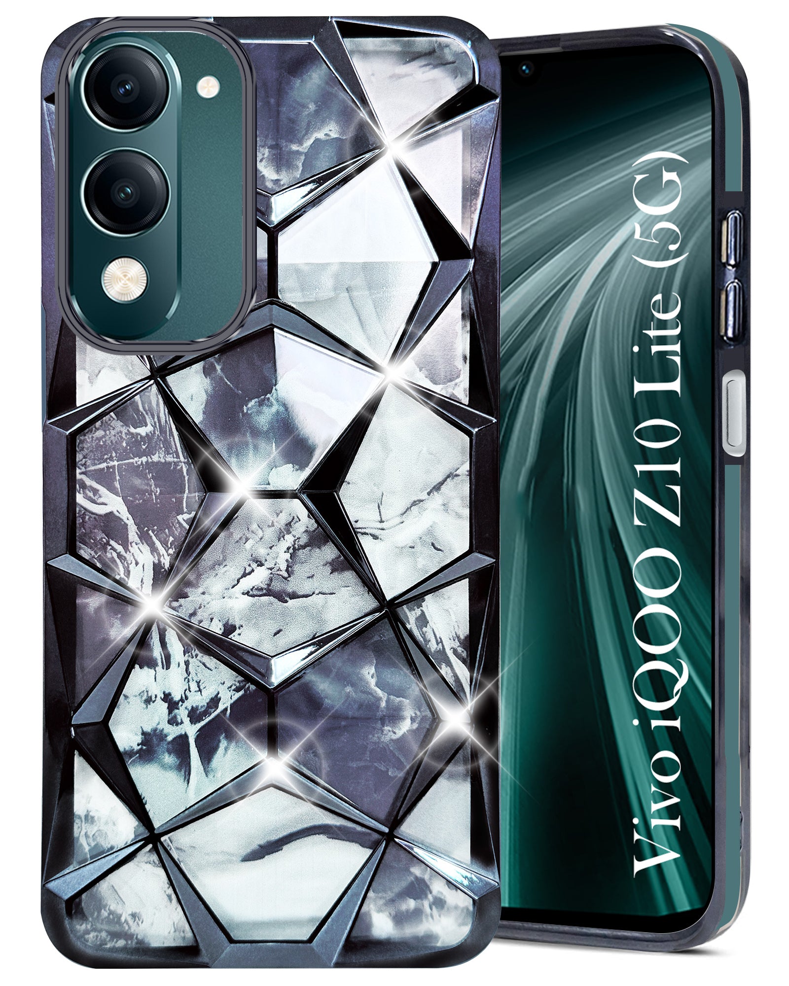 ForVivo iQOO Z10 Lite Back Cover Case Compatible With ( Dual Design Glitter Sparkle and Detachable Diamond Print Case | Soft and Flexible)