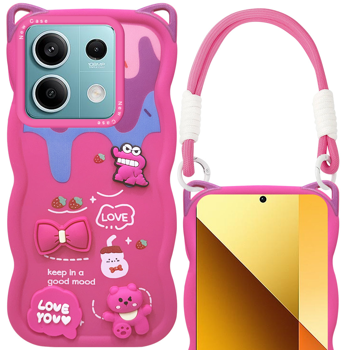 For Xiaomi Redmi Note 13 5G Back Case Cover Strap (3D embossed Figures | Strap Holder | 360* Soft Cushion with Camera Bump)