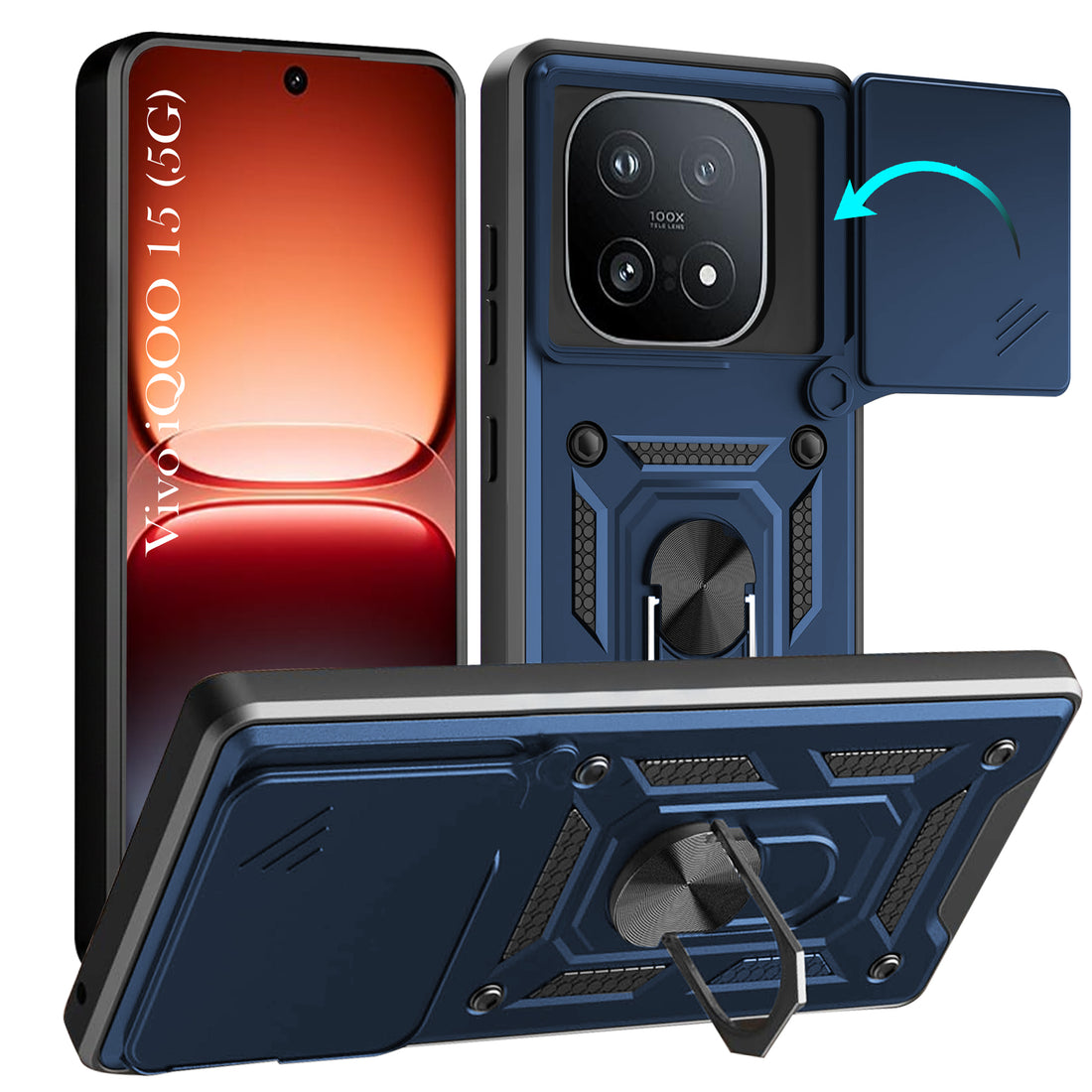 For Vivo iQOO 15 5G Back Cover Case Hybrid Armor (Sliding Shutter Camera Protection | Polycarbonate |Ring Holder Kickstand)