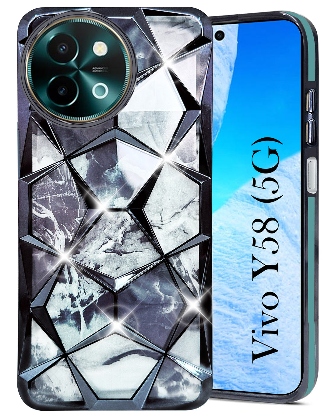 For Vivo Y58 5G Back Cover Case (Dual Design Glitter Sparkle and Detachable Diamond Print Case | Soft and Flexible)