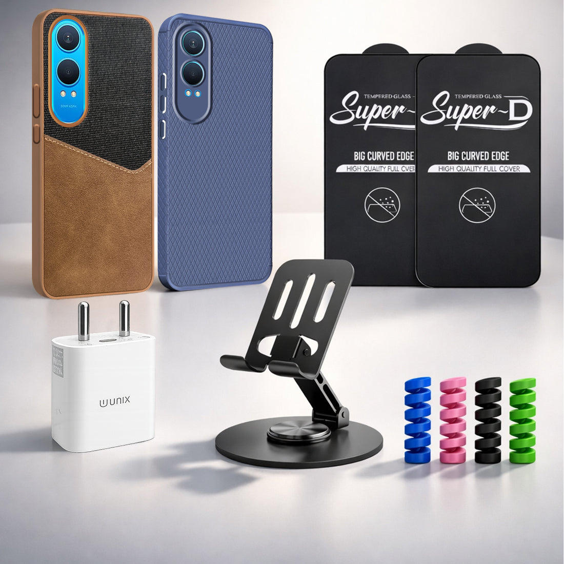 Complete Mobile Care Kit (Get Any 2 Cases+2 Tempered Glass+25W Charger Adapter+Metallic Mobile Stand+Cable Protector)