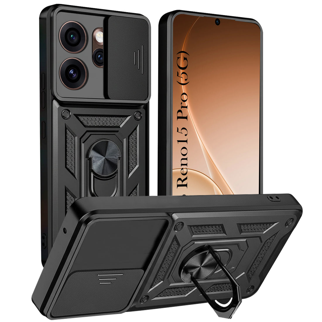 For Oppo Reno15 Pro 5G | Oppo Reno 15 Pro 5G Back Cover Case Hybrid Armor (Sliding Shutter Camera Protection | Polycarbonate |Ring Holder Kickstand)