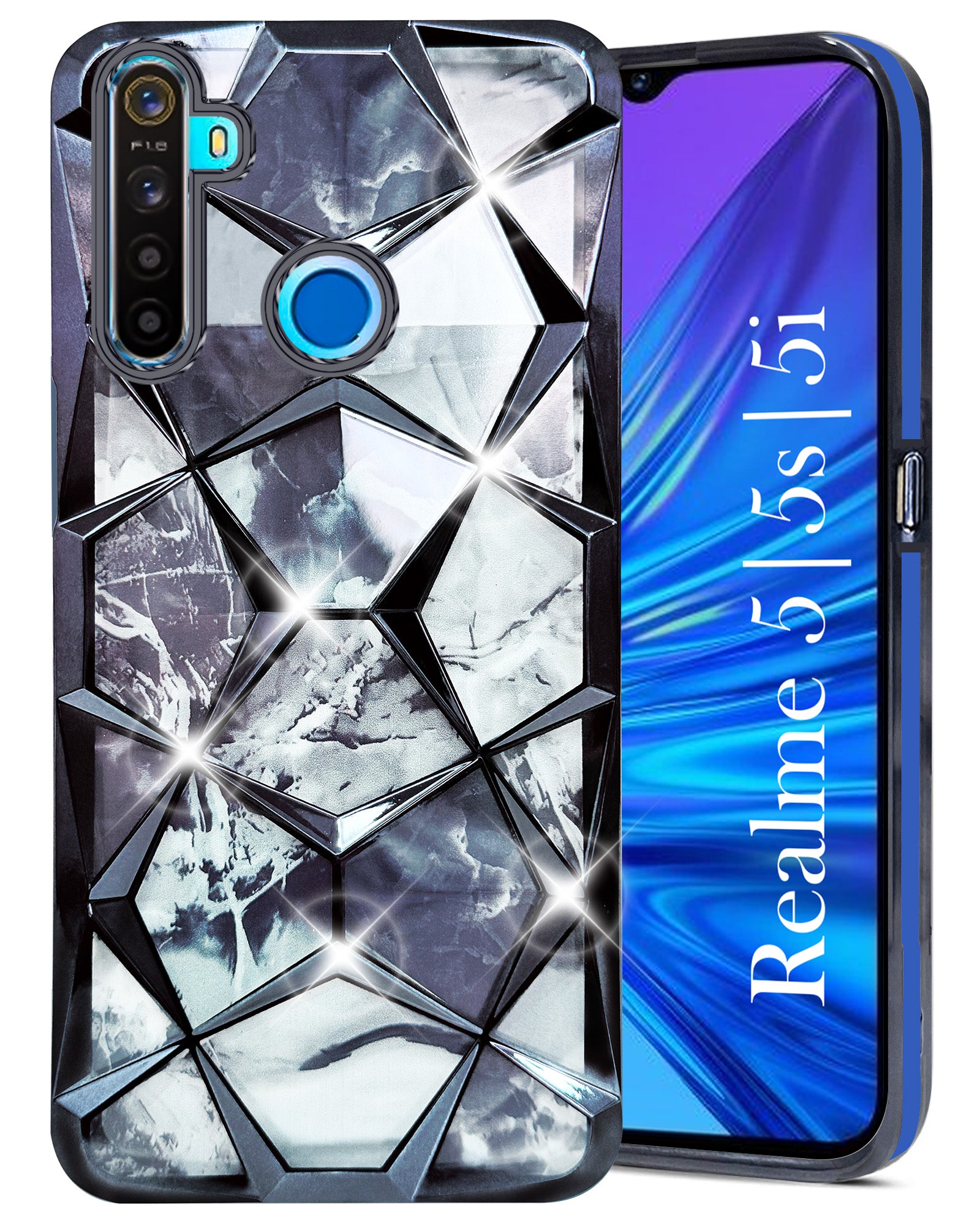 For Realme 5 | 5s | 5i Back Cover Case (Dual Design Glitter Sparkle and Detachable Diamond Print Case | Soft and Flexible)