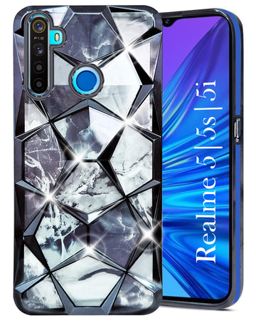 For Realme 5 | 5s | 5i Back Cover Case (Dual Design Glitter Sparkle and Detachable Diamond Print Case | Soft and Flexible)