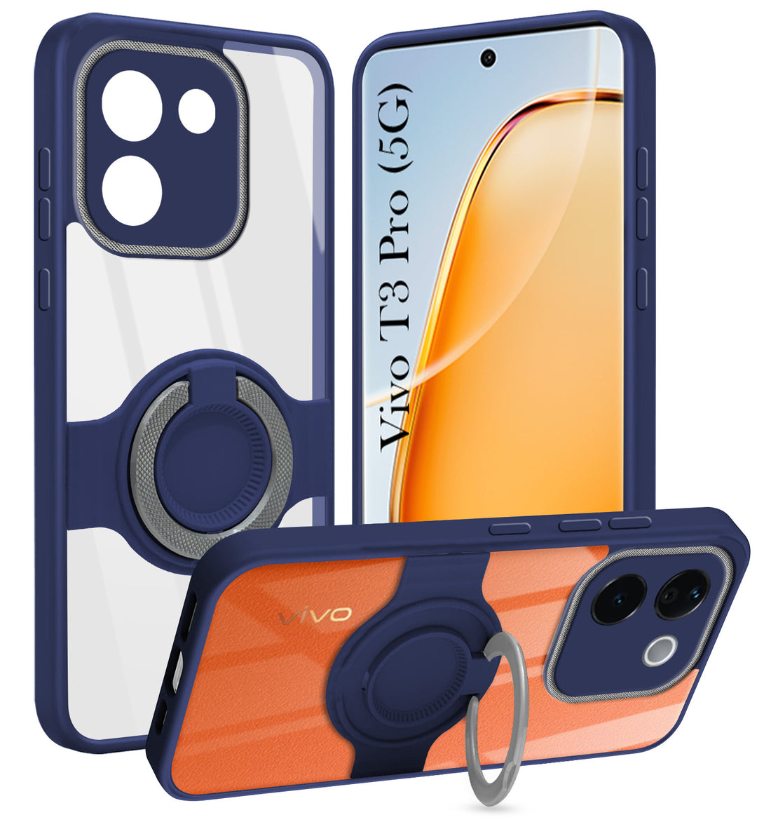 For Vivo T3 Pro Back Cover Case with stand (Built-in Ring Holder Kickstand | Lifetime Anti Yellow | Camera Protection)
