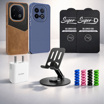 Complete Mobile Care Kit (Get Any 2 Cases+2 Tempered Glass+25W Charger Adapter+Metallic Mobile Stand+Cable Protector)
