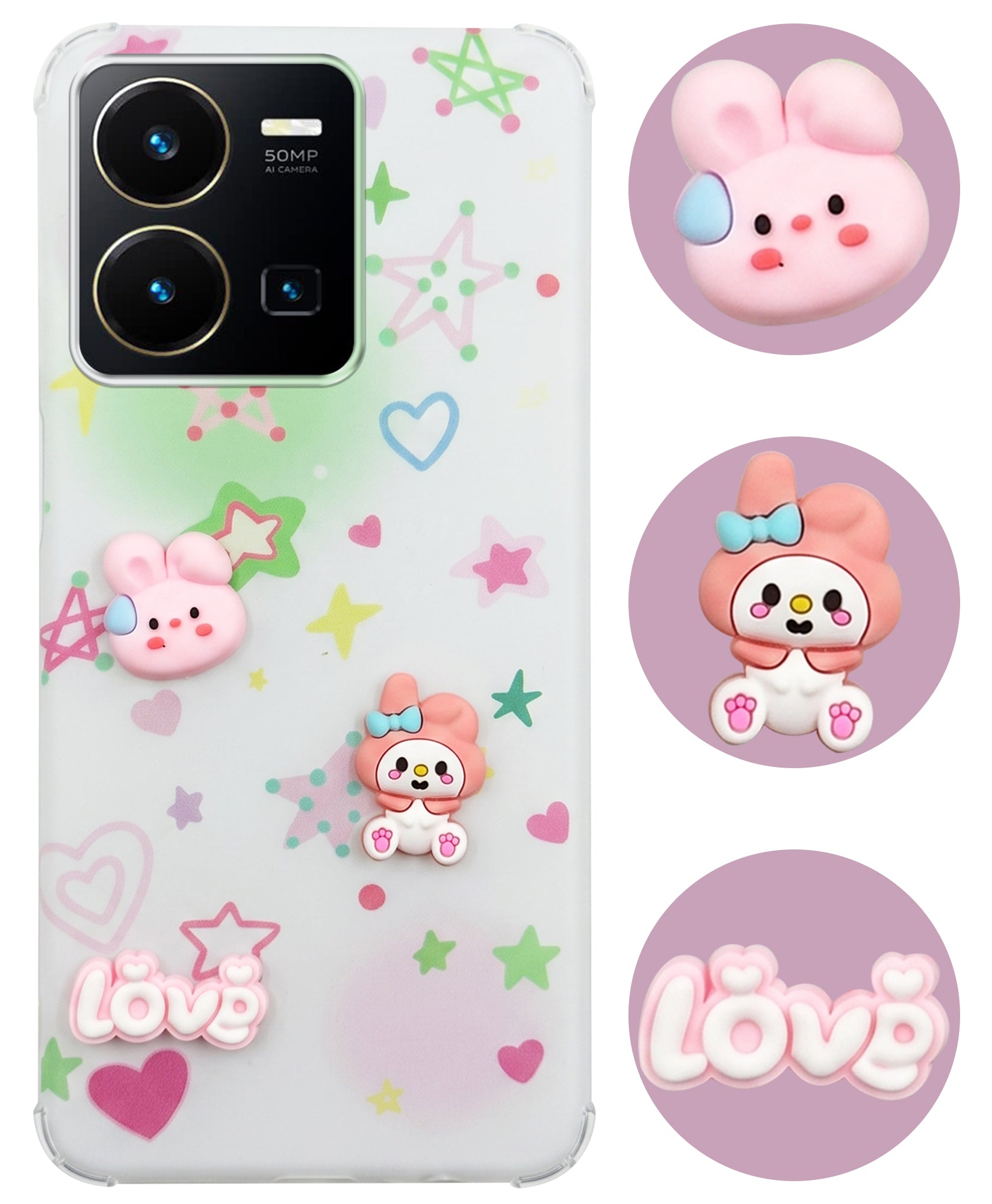 For Vivo Y35 Back Cover Case (3D Cute Cartoons | Hard Back Side Soft | Matte Premium Finish | HD Printing)