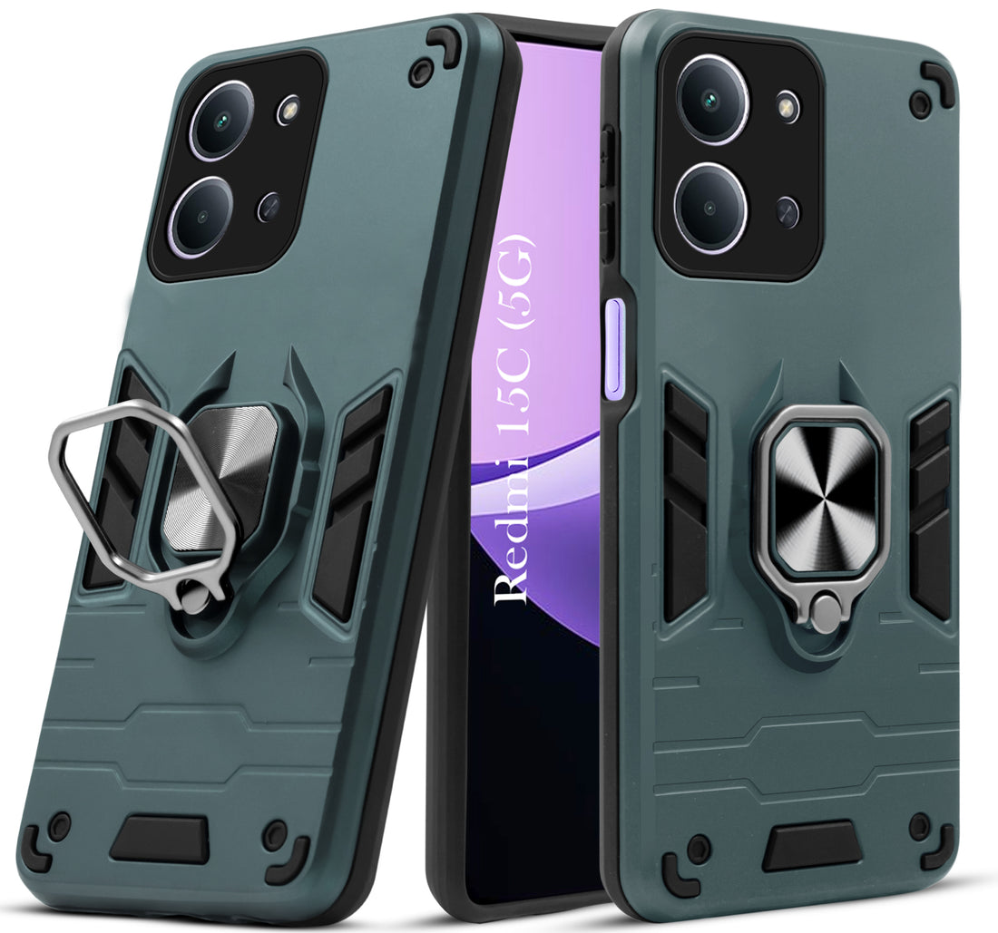 For Redmi 15C Hybrid Armor Back Cover Case (Shockproof Dual Layer Polycarbonate |Ring Holder Kickstand)
