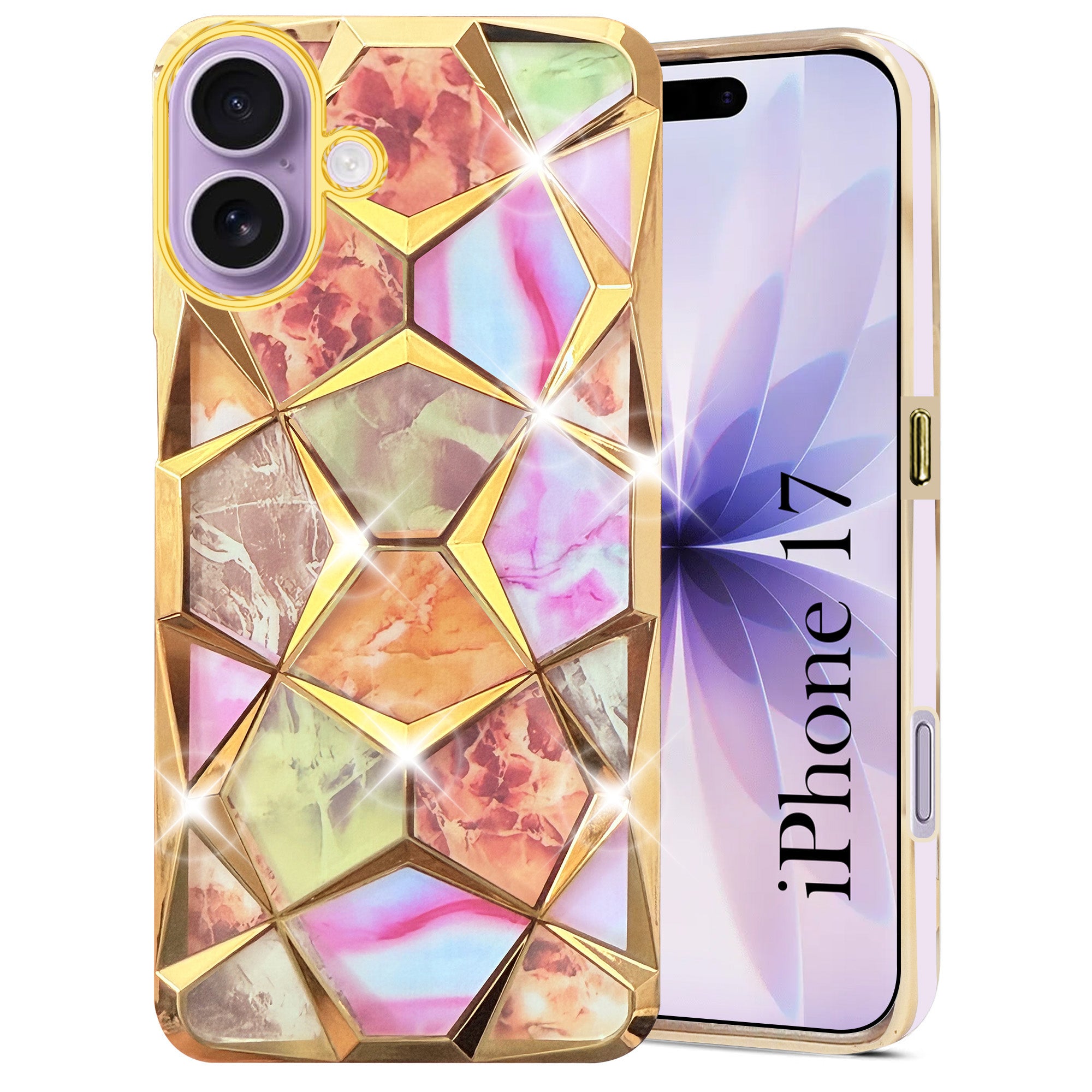 For Apple iPhone 17 Back Cover Case Compatible 3D Silicone (Dual Design Glitter Sparkle and Detachable Diamond Print Case | Soft and Flexible)