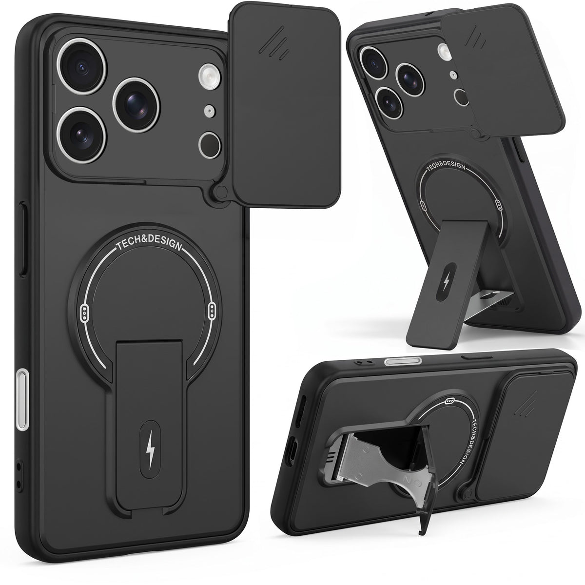 For Apple iPhone 17 Pro Back Case Cover Metallic (Hybrid Armor Kickstand | Sliding Shutter Camera Protection | MagSafe Compatible)