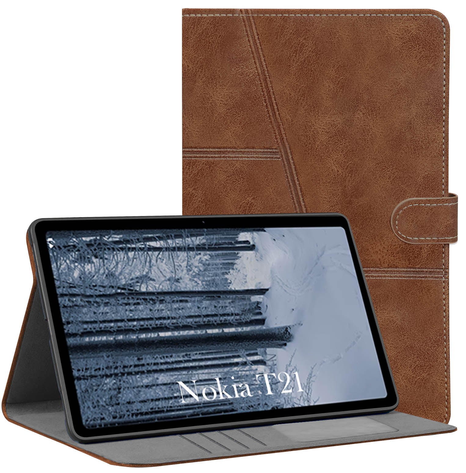 For Flip Cover Folio Case  Nokia T21 (TA-1495, TA-1521, TA-1505, TA-1487) 10 Inch (PU Leather | Multi-Angle Smart Stand | Card Storage Slots | Silicone Back Pouch)