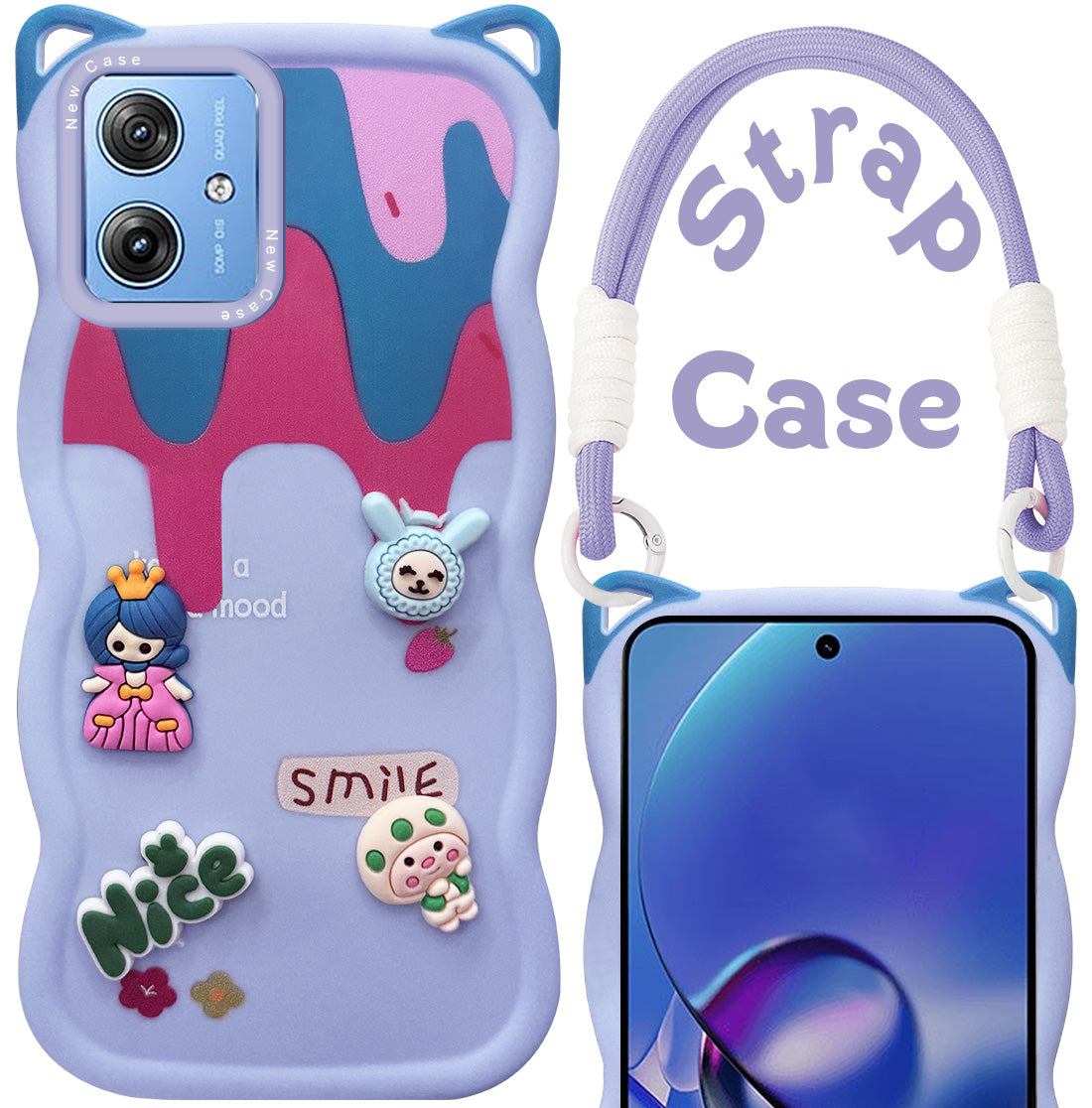 For Motorola Moto G64 5G Back Case Cover Strap (3D embossed Figures | Strap Holder | 360* Soft Cushion with Camera Bump)