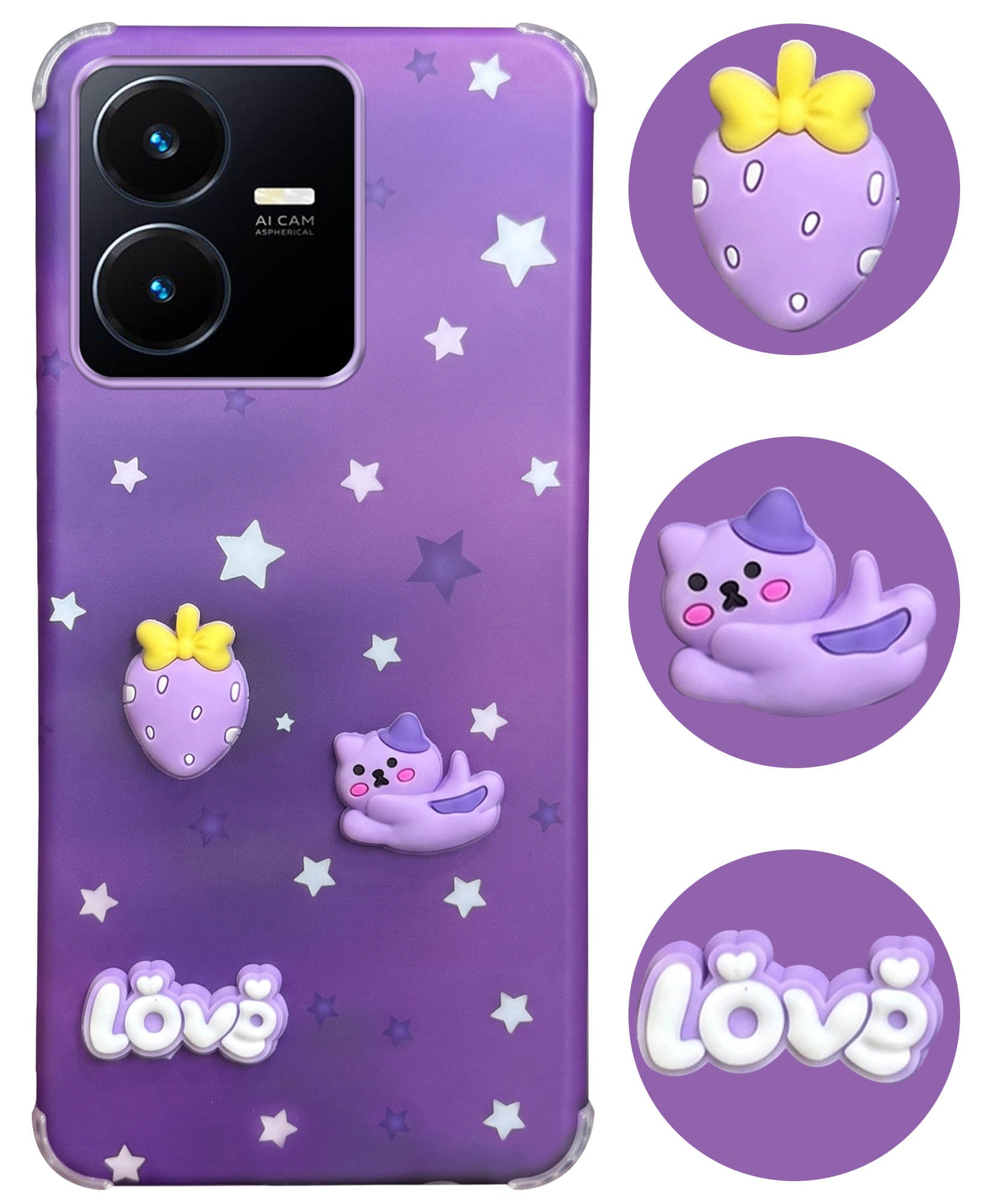 For Vivo Y22 | Vivo Y22s Back Cover Case (3D Cute Cartoons | Hard Back Side Soft | Matte Premium Finish | HD Printing)