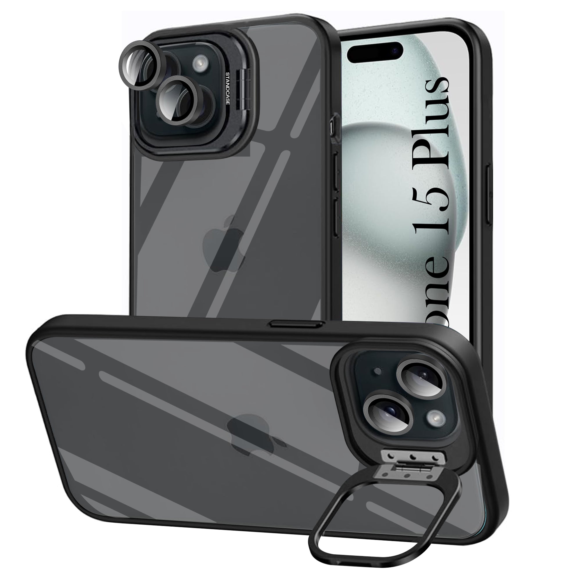 For Apple iPhone 15 Plus Back Cover Case (Camera Lens Glass | Metal Stand Holder | Shockproof Hybrid | Anti Yellow |)