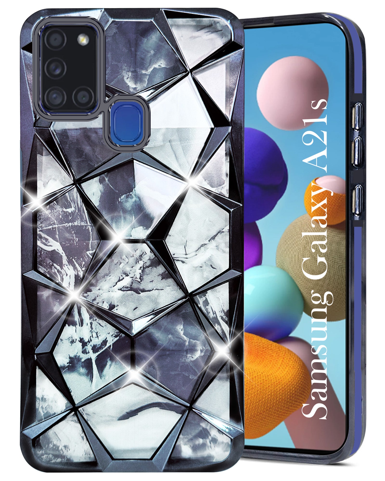 For Samsung Galaxy A21s Back Cover Case (Dual Design Glitter Sparkle and Detachable Diamond Print Case | Soft and Flexible)