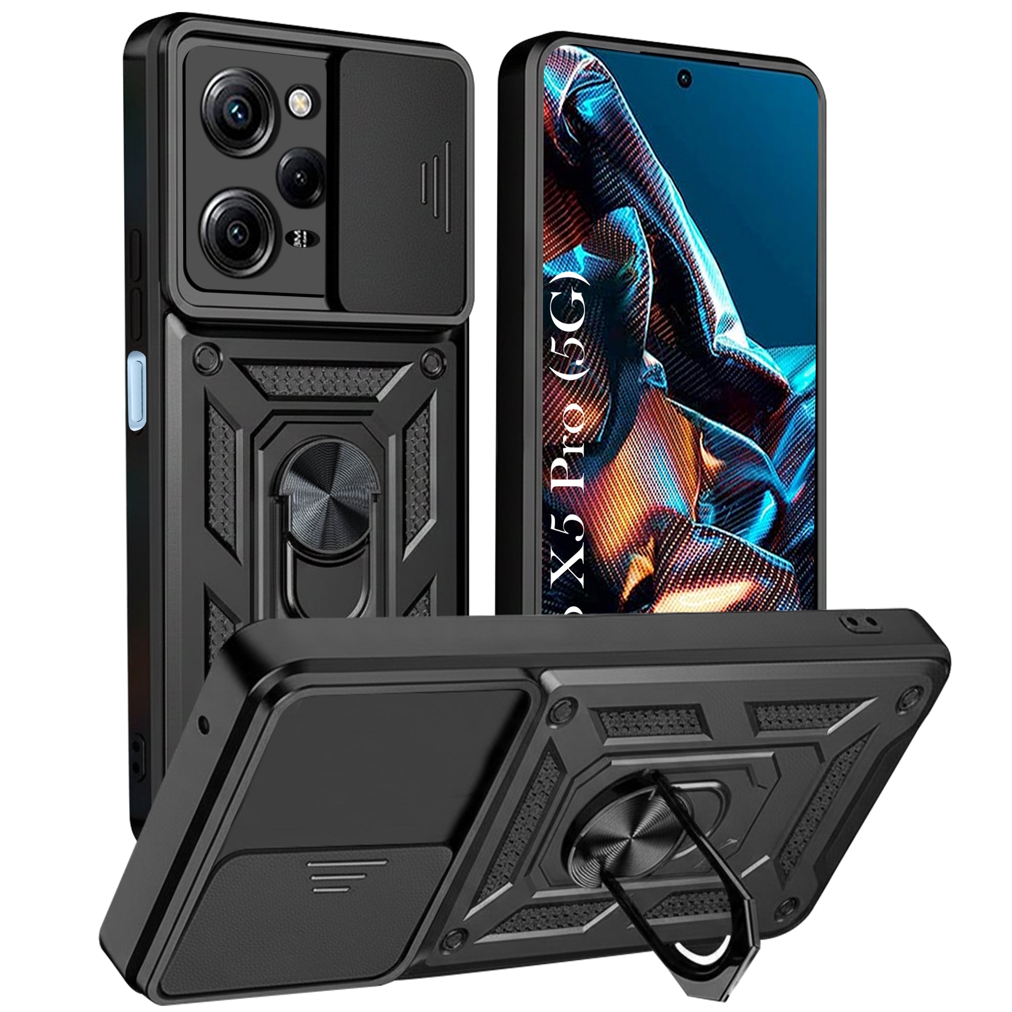 For Poco X5 Pro 5G Back Cover Case (Sliding Shutter Camera Protection | Polycarbonate |Ring Holder Kickstand)