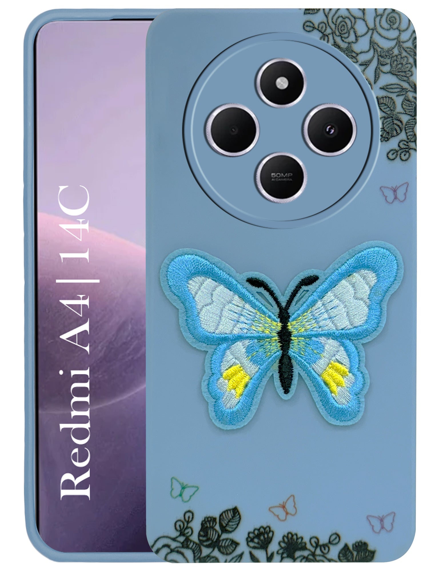 For Redmi A4 5G | Xiaomi Redmi 14C Back Cover Case (Soft Butterfly Embroidery | Women Teen Girls | Camera Protection| Matte Silicone)