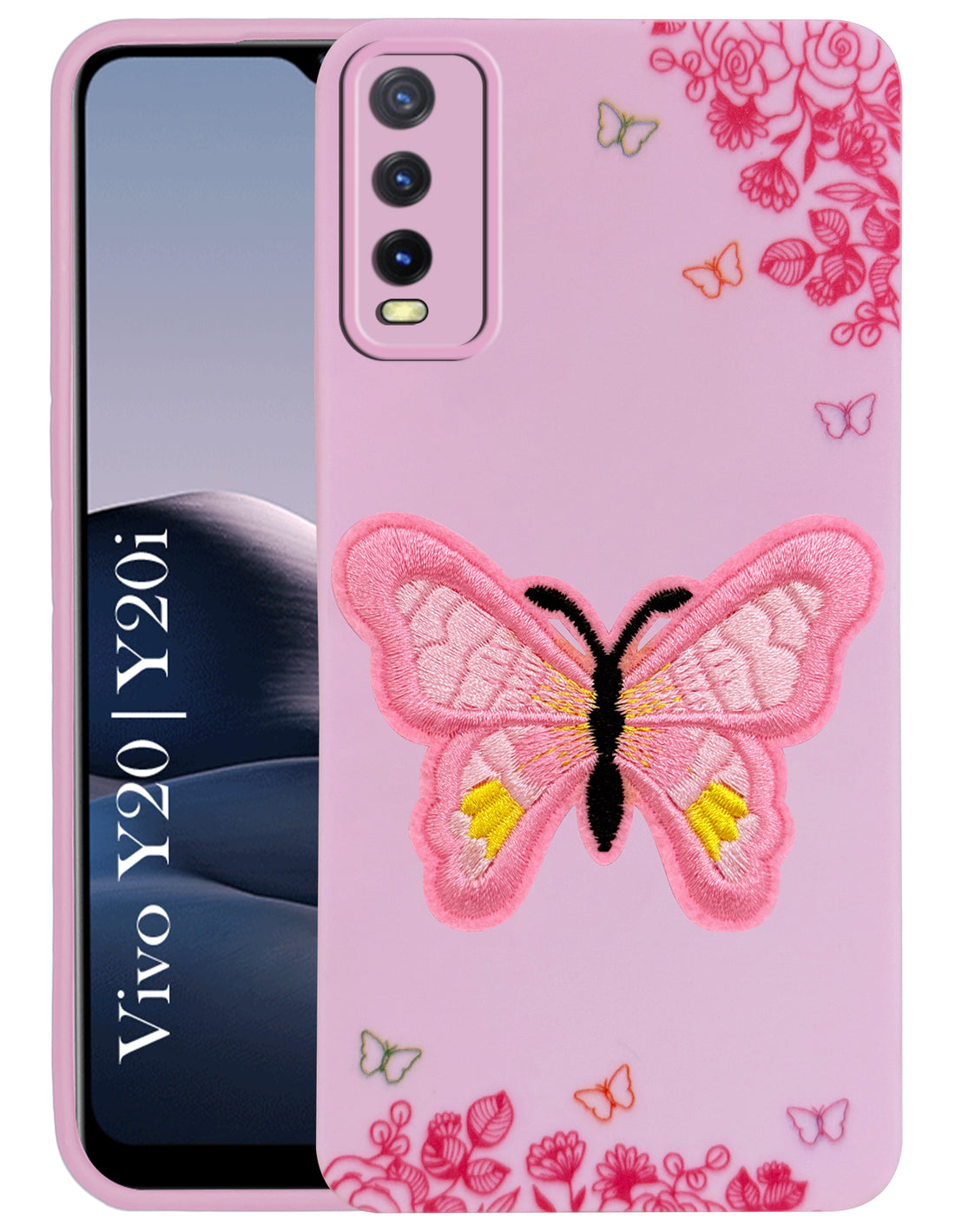 For Vivo Y20 | Y20i Back Cover Case (Soft Butterfly Embroidery | Women Teen Girls | Camera Protection| Matte Silicone)