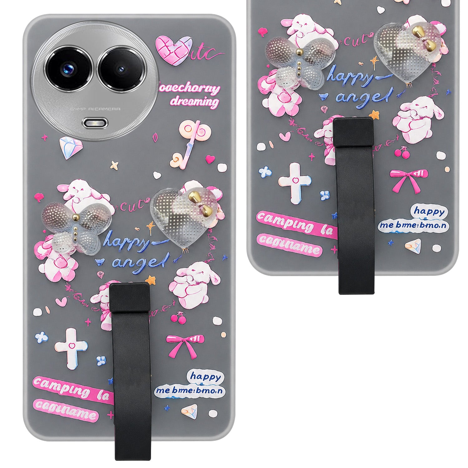 For Realme Narzo 60x Back Cover Case (3D Cute Heart Strap Holder | Camera Protection | Designer Girls Print)