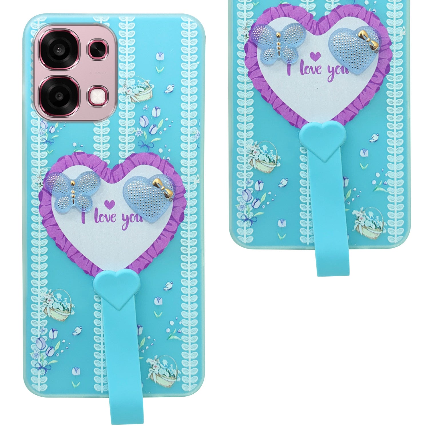 For Oppo F31 5G | Oppo F33 5G Back Cover Case (3D Cute Heart Strap Holder | Camera Protection | Designer Girls Print)