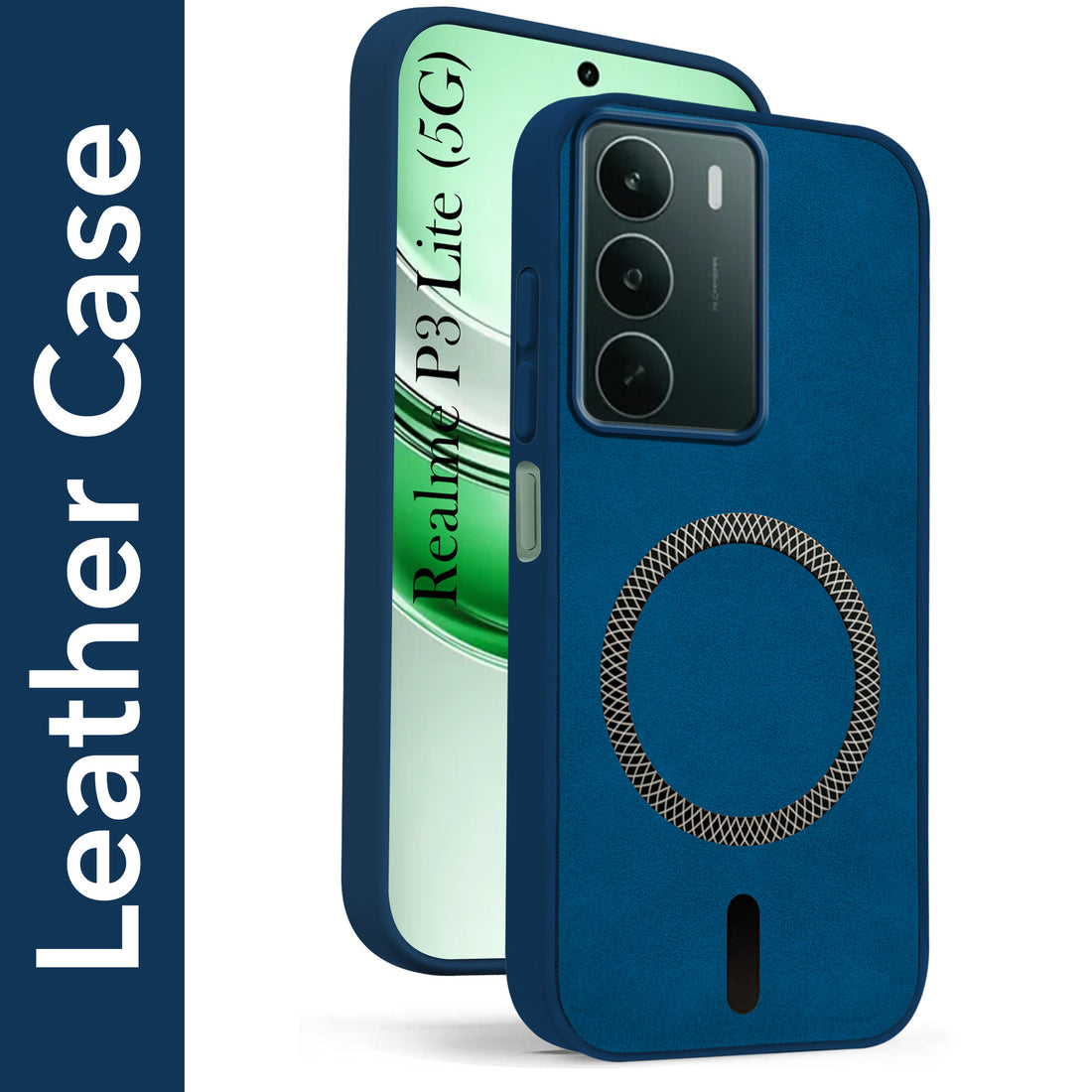 For Realme P3 lite Back Cover Case Leather Finish (MagSafe Compatible Wireless Charging | Soft Touch | Camera Bump Protection)