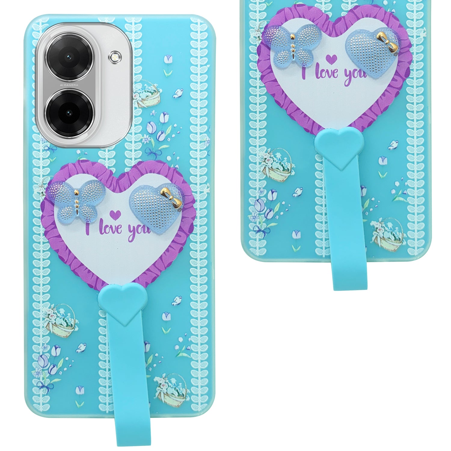 For Redmi A5 4G Back Cover Case (3D Cute Heart Strap Holder | Camera Protection | Designer Girls Print)