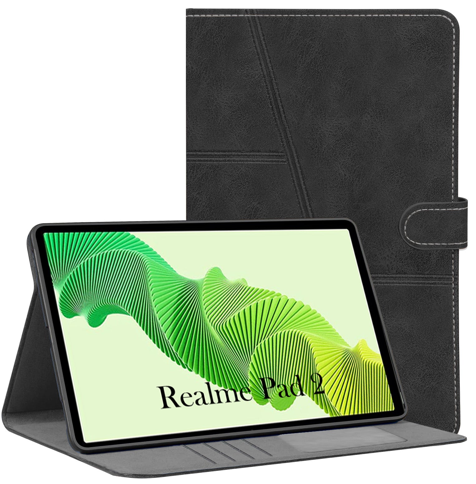 For Flip Case Folio Cover Realme Pad 2 10 Inch (PU Leather | Multi-Angle Smart Stand | Card Storage Slots | Silicone Back Pouch)