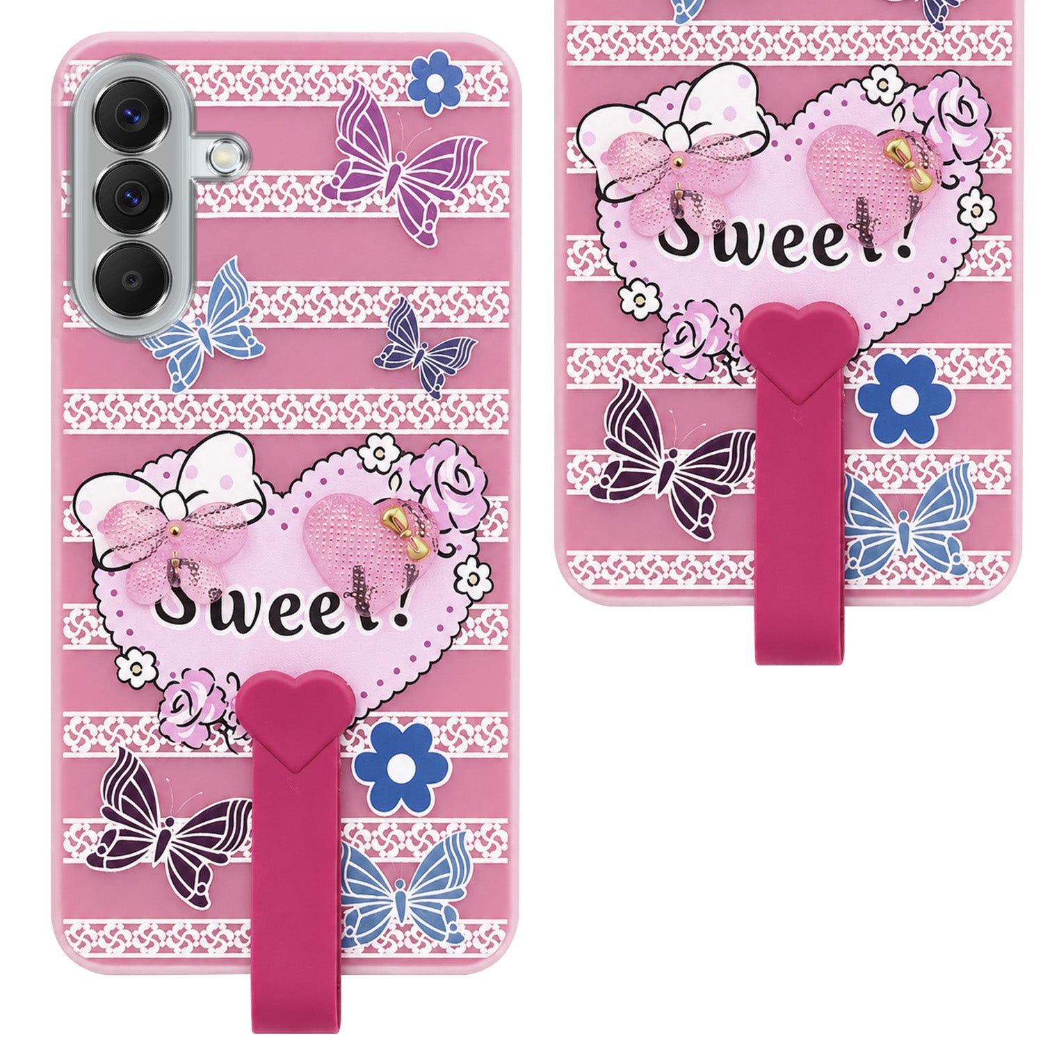 For Samsung Galaxy A57 Back Cover Case (3D Cute Heart Strap Holder | Camera Protection | Designer Girls Print)