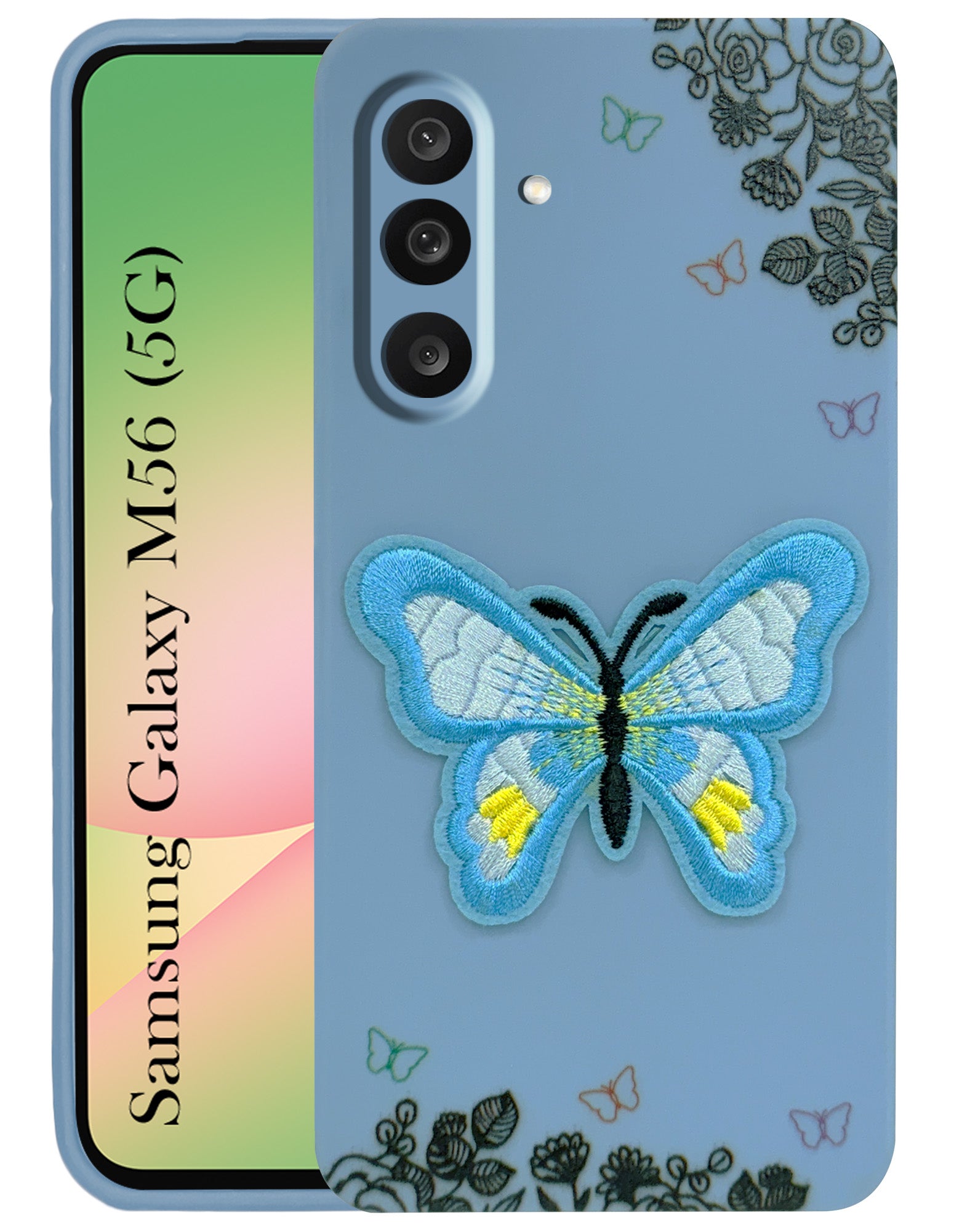 For Samsung Galaxy M56 | Samsung Galaxy F56 Back Cover Case (Soft Butterfly Embroidery | Women Teen Girls | Camera Protection| Matte Silicone)