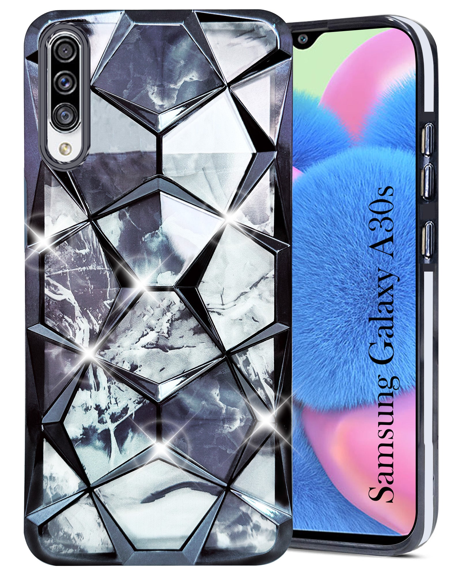 For Samsung Galaxy A30s Back Cover Case (Dual Design Glitter Sparkle and Detachable Diamond Print Case | Soft and Flexible)