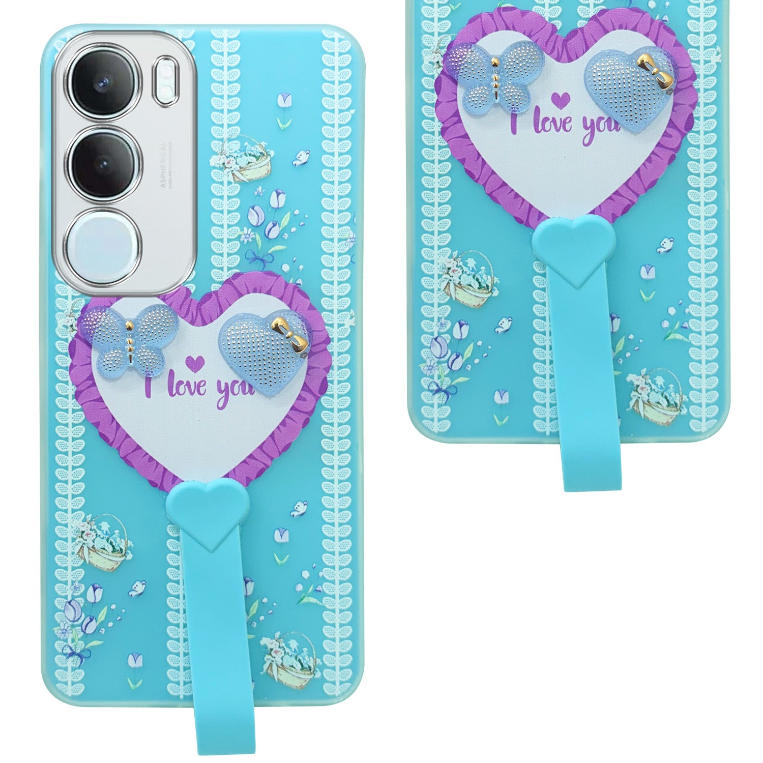 For Vivo Y29 Back Cover Case (3D Cute Heart Strap Holder | Camera Protection | Designer Girls Print)