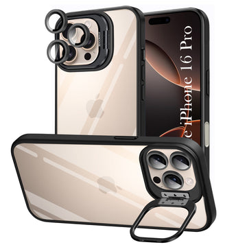 For Apple iPhone 16 Pro Back Cover Case (Camera Lens Glass | Metal Stand Holder | Shockproof Hybrid | Anti Yellow)