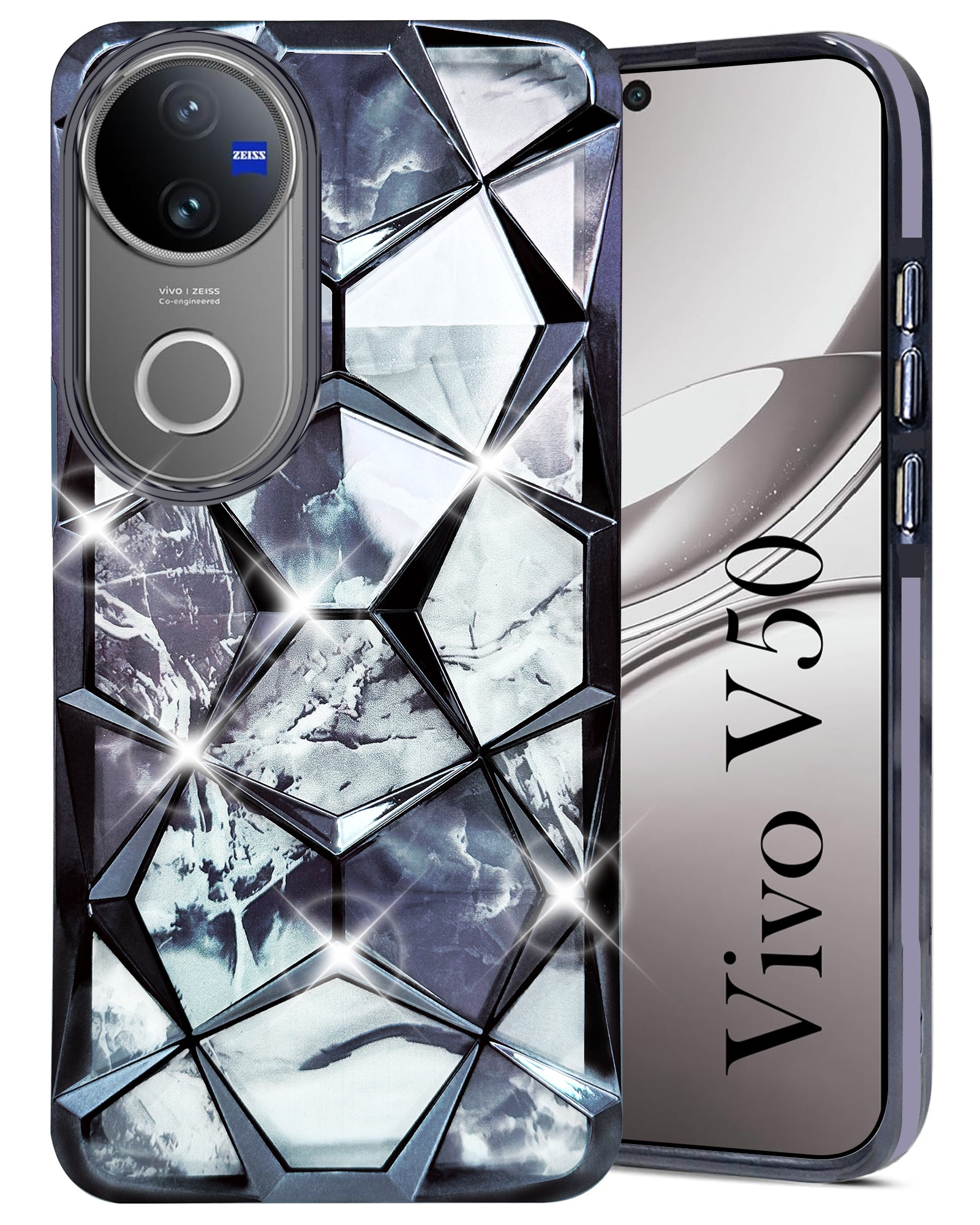 For Vivo V50 | Vivo V50e For  Back Cover Case (Dual Design Glitter Sparkle and Detachable Diamond Print Case | Soft and Flexible)