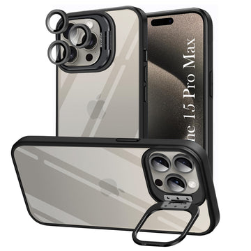 For Apple iPhone 15 Pro Max Back Cover Case (Camera Lens Glass | Metal Stand Holder | Shockproof Hybrid | Anti Yellow |)