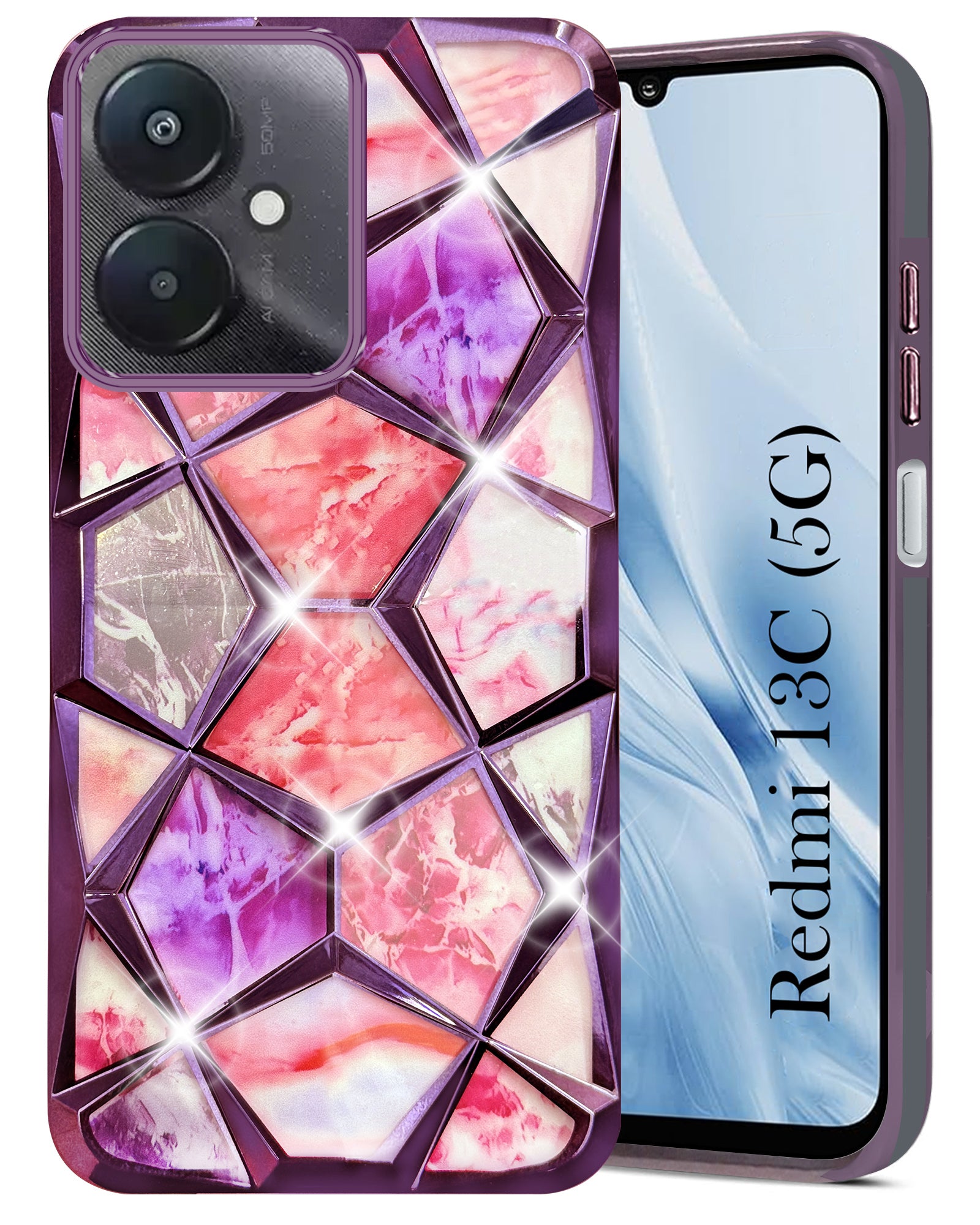 For Redmi 13C 5G Back Cover Case (Dual Design Glitter Sparkle and Detachable Diamond Print Case | Soft and Flexible)