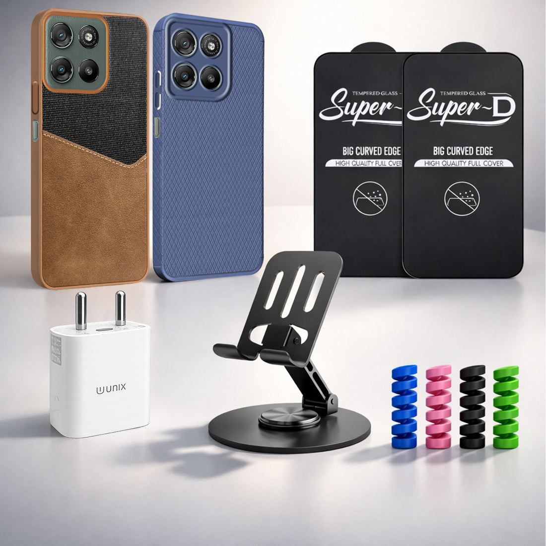Complete Mobile Care Kit (Get Any 2 Cases+2 Tempered Glass+25W Charger Adapter+Metallic Mobile Stand+Cable Protector)