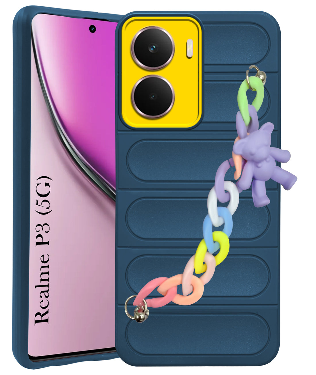 For Realme P3 Back Cover Case (Wrist Hanging Chain | Teddy Bracelet Charms | Matte Liquid Silicone | Camera Protection Ring)