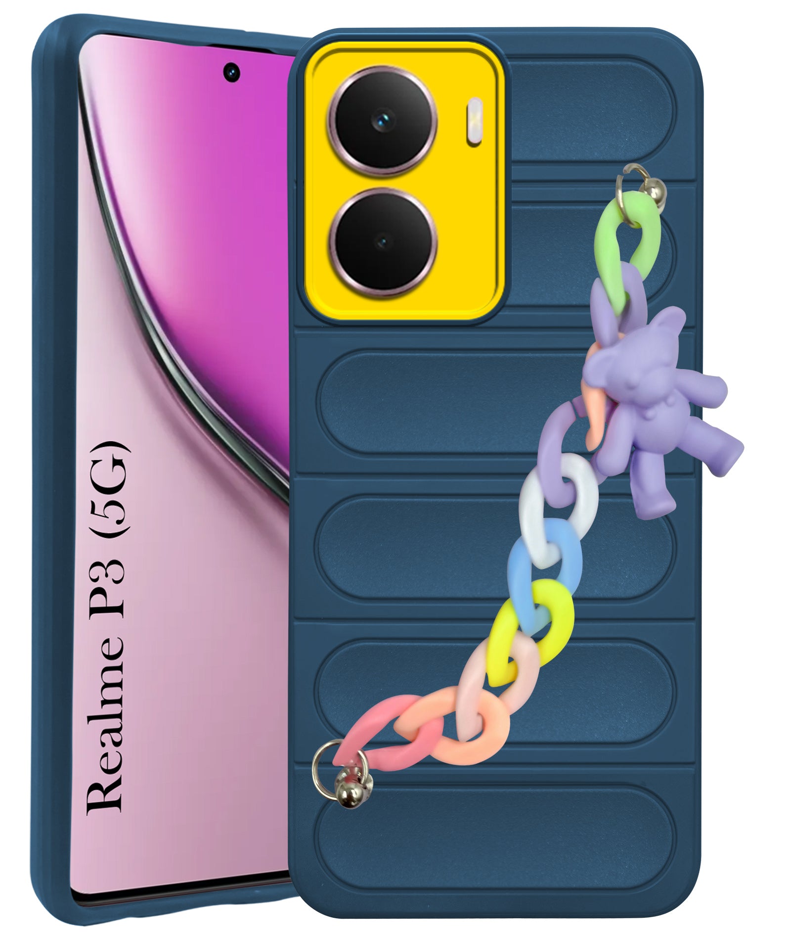 For Realme P3 Back Cover Case (Wrist Hanging Chain | Teddy Bracelet Charms | Matte Liquid Silicone | Camera Protection Ring)
