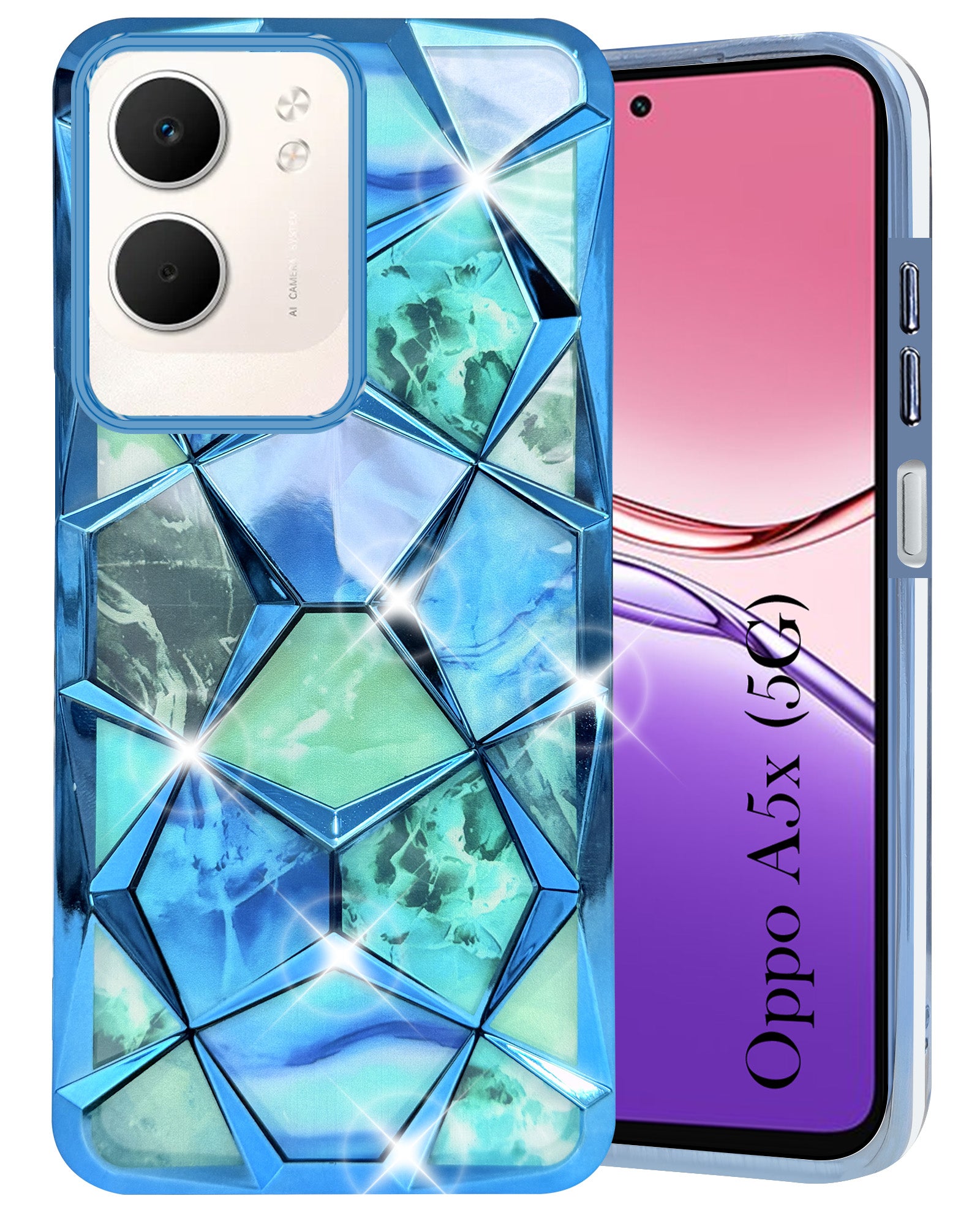 For Oppo A5X 3D Silicone Back Cover Case Compatible (Dual Design Glitter Sparkle and Detachable Diamond Print Case | Soft and Flexible)