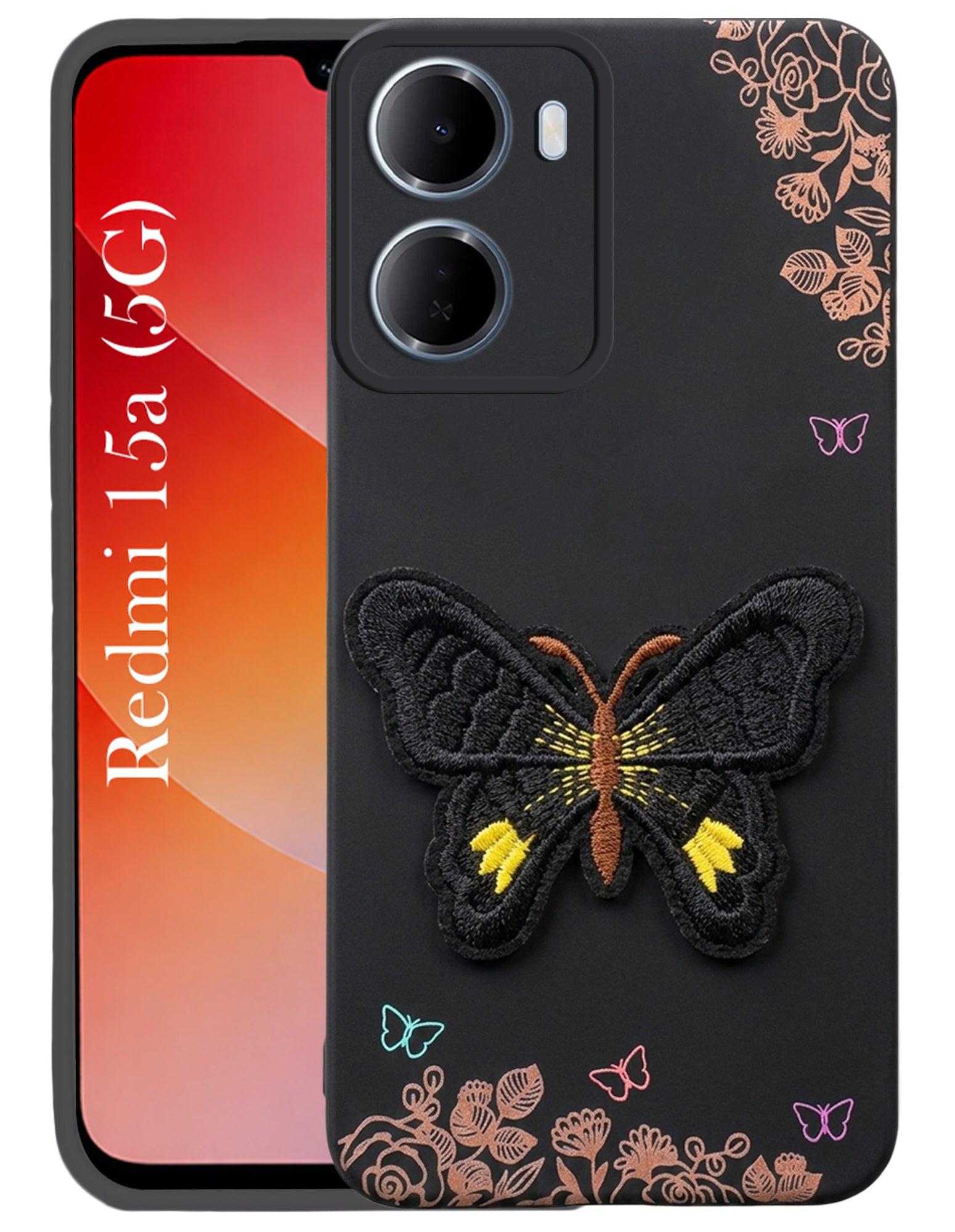 For Redmi 15A 5G Back Cover Case (Soft Butterfly Embroidery | Women Teen Girls | Camera Protection| Matte Silicone)