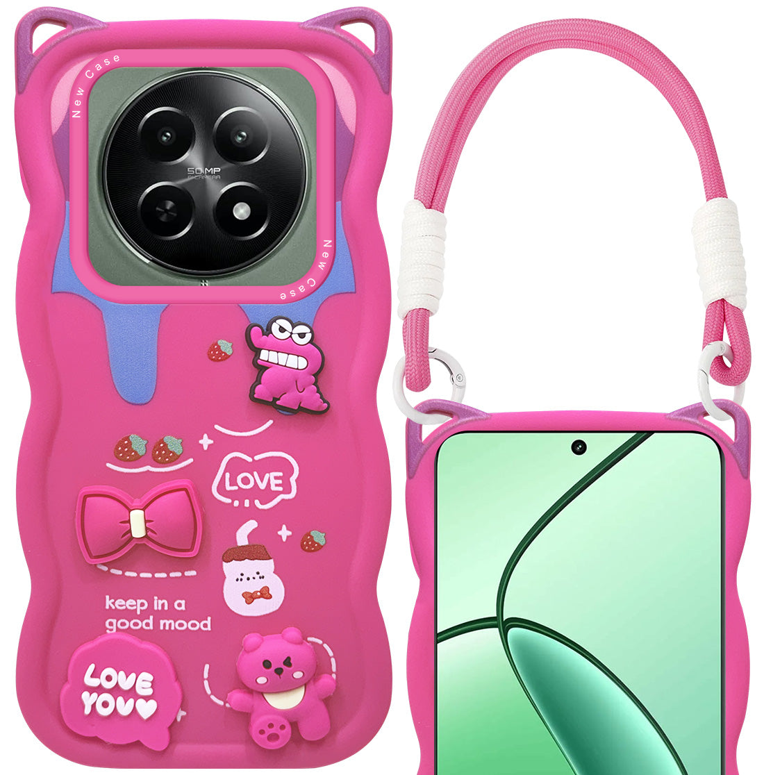 For Realme 12 | Realme 12X Back Case Cover Strap (3D Embossed Figures | Strap Holder | 360* Soft Cushion with Camera Bump)